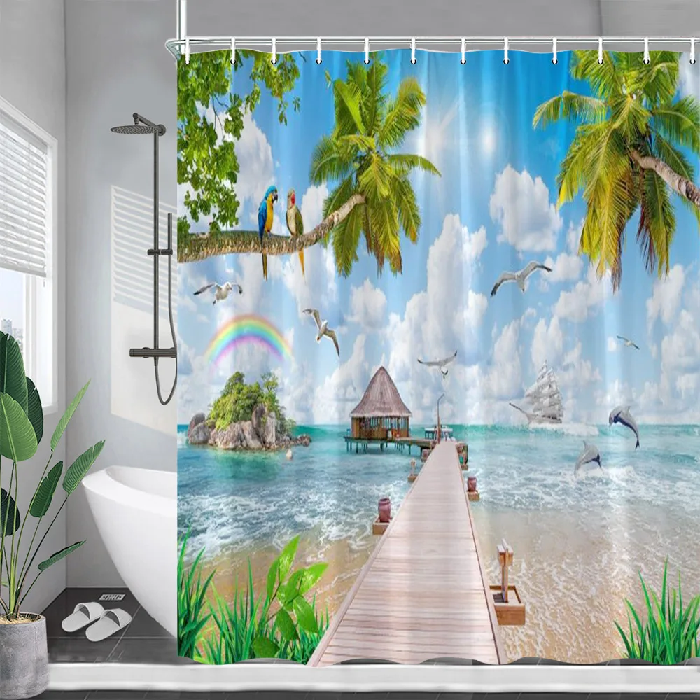 

Ocean Island Shower Curtains Tropical Plant Palm Trees Parrots Dolphins Beach Wooden Bridge Nature Landscape Bathroom Home Decor