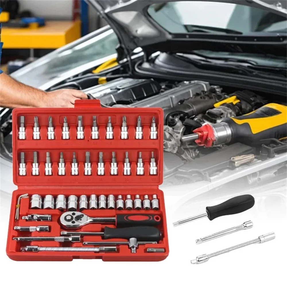 46pcs Car Repair Tool Kit 1/4-Inch Socket Set Car Repair Tool Ratchet Torque Wrench Combo Auto Repairing Set Mechanic Tool