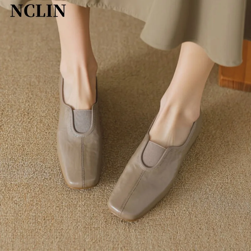

Spring Women Pumps Genuine Leather Women Shoes Casual Square Toe Loafers Chunky Heel Slip-On Shoes For Women Zapatos De Mujer