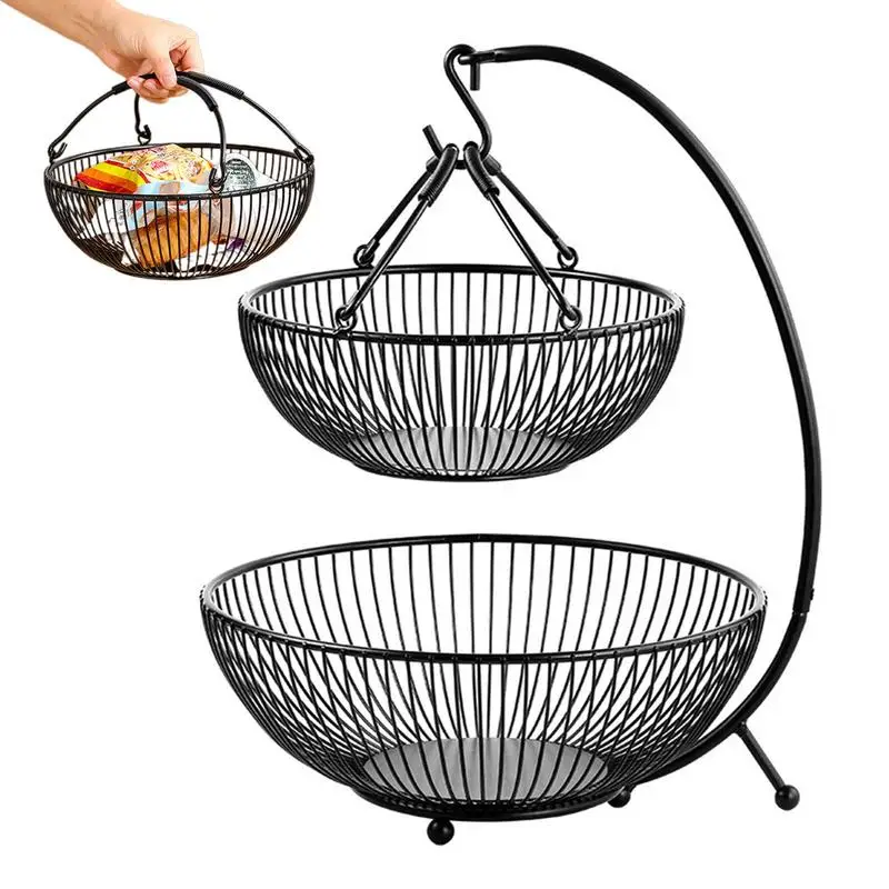 

Two-Tiered Metal Fruit Basket Large Capacity Fruit Storage Container Hanging Plant Pot For Household Kitchen Storage Organizer