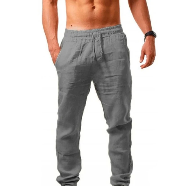 Men's Cotton Linen Long Pants Summer Solid Color Breathable Linen Trousers Male Casual Elastic Waist Casual Pants Harajuku Trous 2