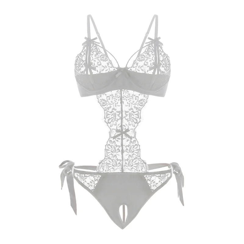 Moonlight Elf Sexy Lace Pajamas Wedding Gift Strap Black Bow Bodysuit Ultra-thin Ladies Lingerie Jumpsuit