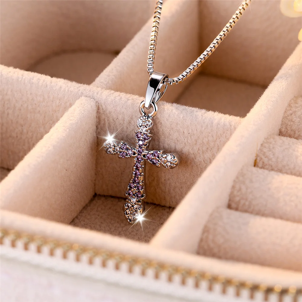 Luxury Female Cross Pendant Necklace Vintage Yellow Gold Color Wedding Jewelry For Women