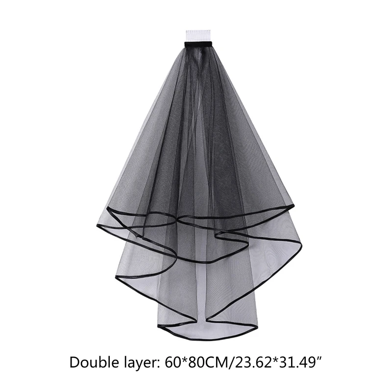 Double Mesh Tulle Ribbon Edge Women Short Wedding Veil with Comb Bride Headpiece