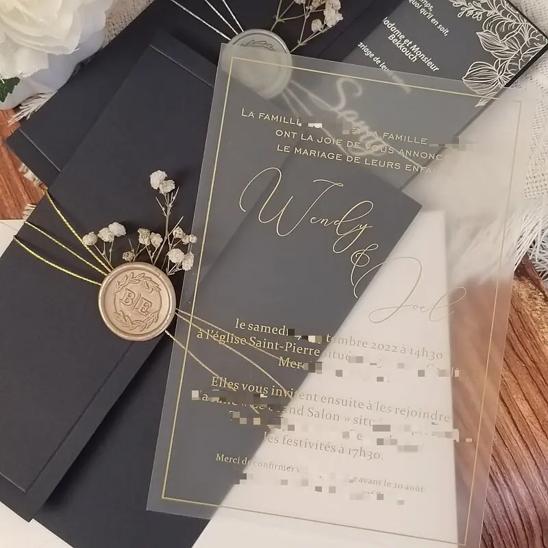Elegantní moderní fleret knihtisk personalizované průhledná pvc bh karta manželství svatební pozvání karta