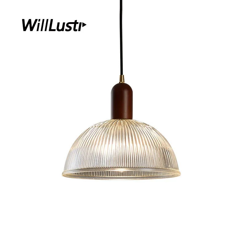 

Modern Ribbed Glass Pendant Lamp Wood Head Suspension Light Hotel Cafe Bar Living Dining Bedroom Hanging Ceiling Chandelier