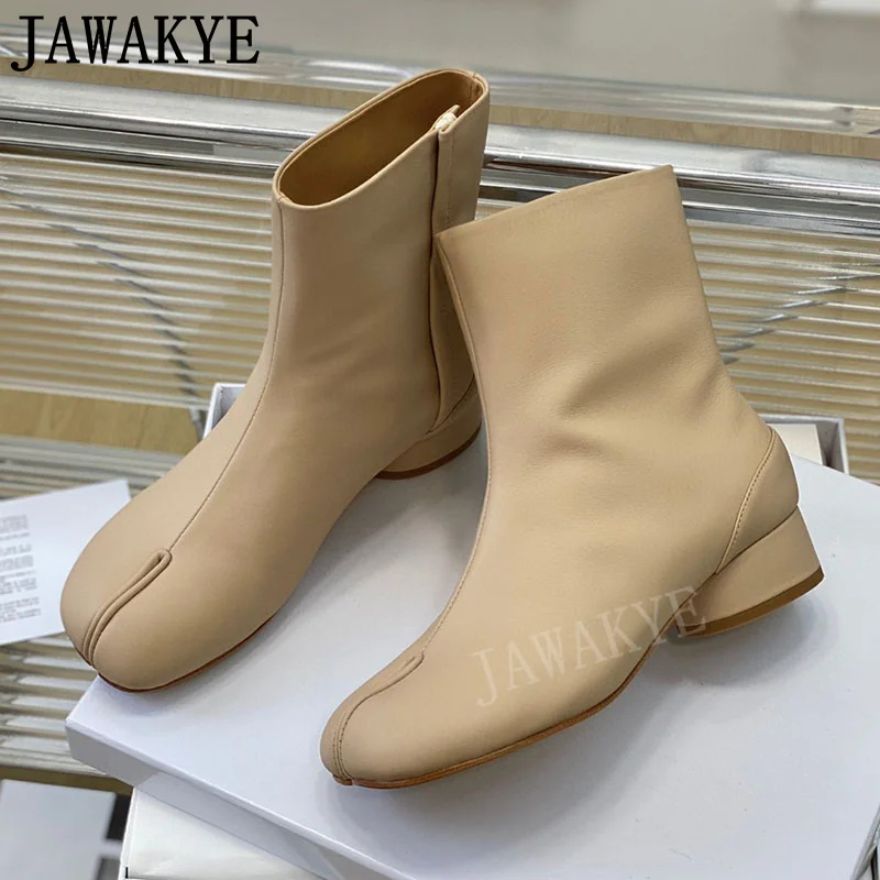 

Genuine Leather Split Toe Women Tabi Boots Round Heel Runway Ankle Boots Popular Brand Black Chelsea Boots Women