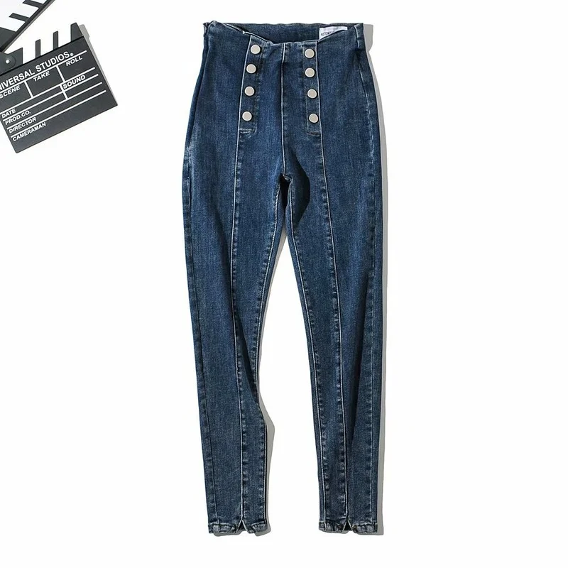 High Waist Double Breasted Elastic All-match Pencil Jeans Korean Fashion Chic Grande Taille Denim Trousers Streetwear Long Pants