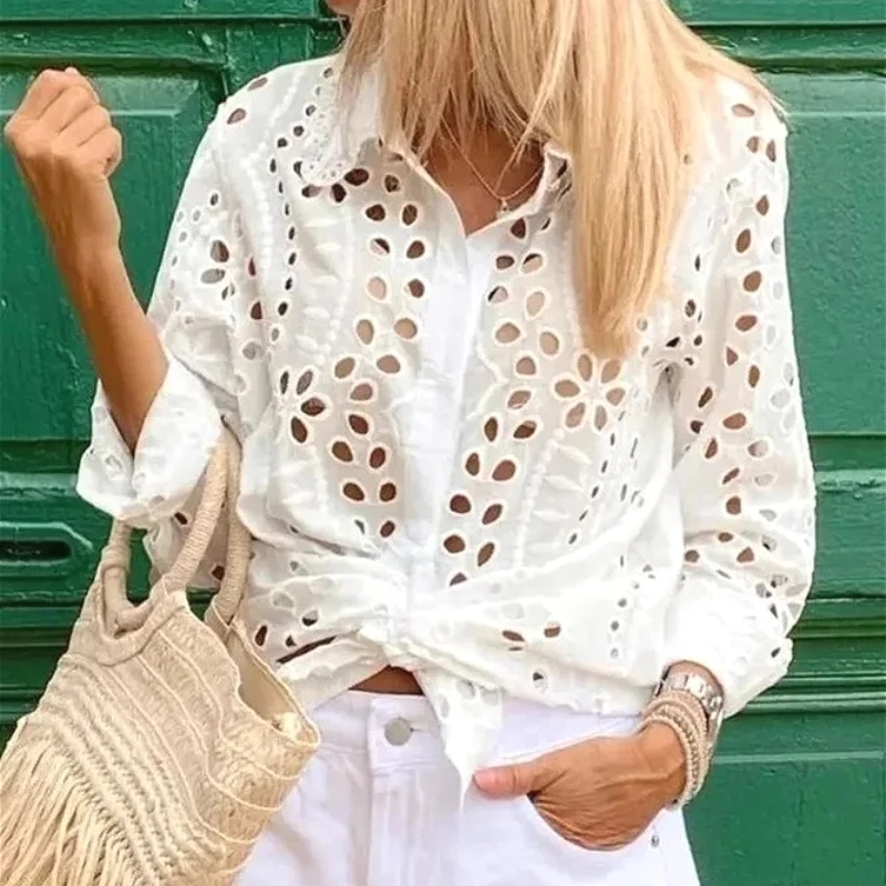 Vintage V-nevk Single Breasted Lace Embroidery Blouses For Women Elegant Thin Chiffon Shirt Tops Casual Loose Long Sleeve Blusas