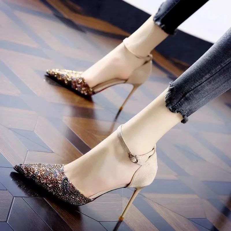 sexy thin high heels summer women's pump fashion ankle buckle pumps casual pointed toe shallow shoes rhinestone lady party shoes