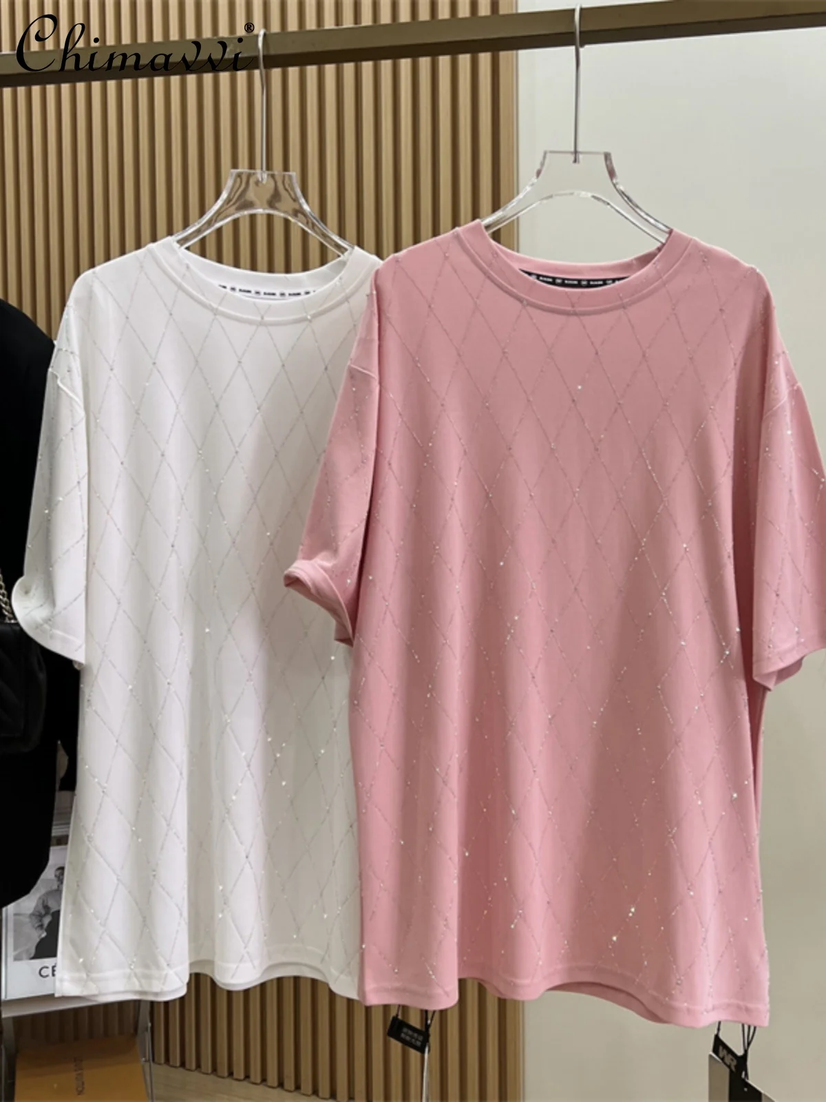 

Large Size Heavy Full Body Hot Drilling White Round Neck T-shirt 2024 Summer New Fashion Loose Short Sleeve Mid-Length Tees Top