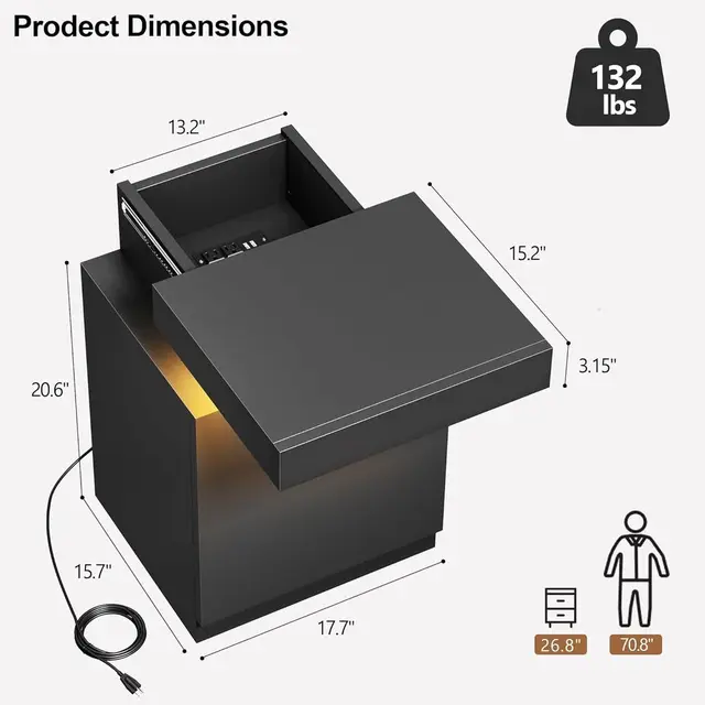 Black LED Nightstand with Charging Port and Storage, Modern Bedroom Side Tables with USB, Living Room End Tables Set of 2, 17.7 2