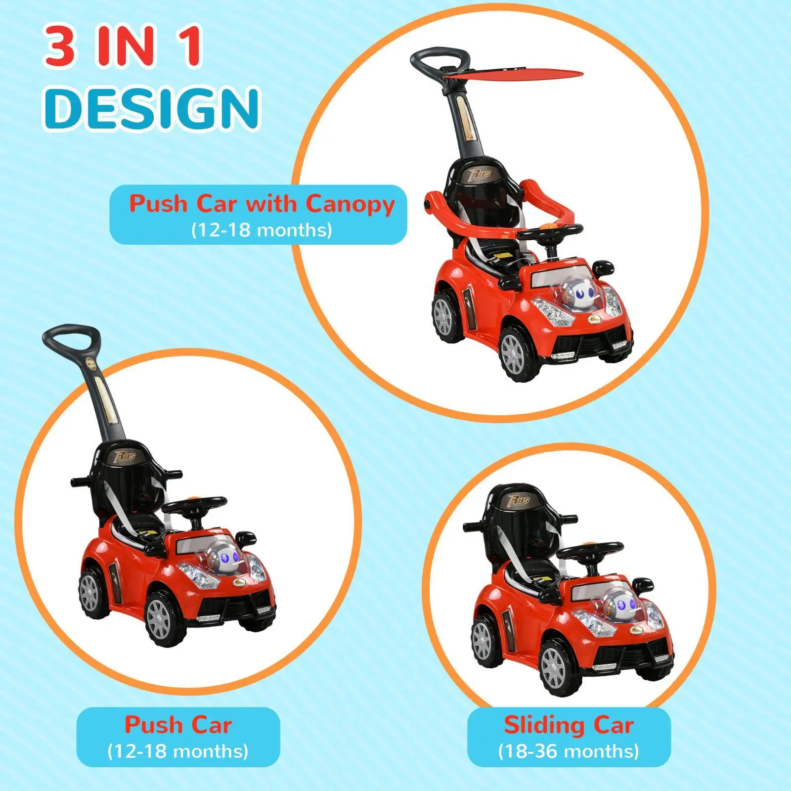 3 in 1 Kids Push Car with Safety Fence Music Horn and Canopy Baby Ride on Toddler Sliding Car for Children Travel Outdoor Play 3 in 1 Kids Push Car with Safety Fence Music Horn and Canopy Baby Ride on Toddler Sliding Car for Children Travel Outdoor Play