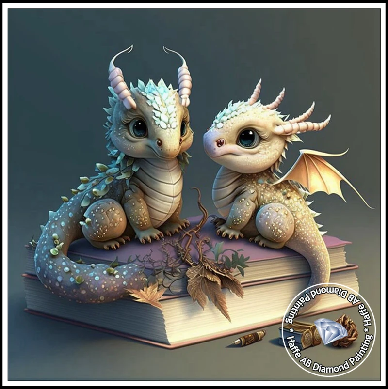 5d Cute Little Dragon Reading Books AB Drills Diamond Painting Art Fantasy  Animals With Flower Mosaic Cross Stitch Wall Decor