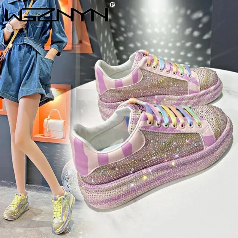

2023 Women's Rhinestone Sneakers Thick Bottom Round Head Casual Shoes Soft Sole Non-slip Walking Flats Zapatilla Deportiva Mujer