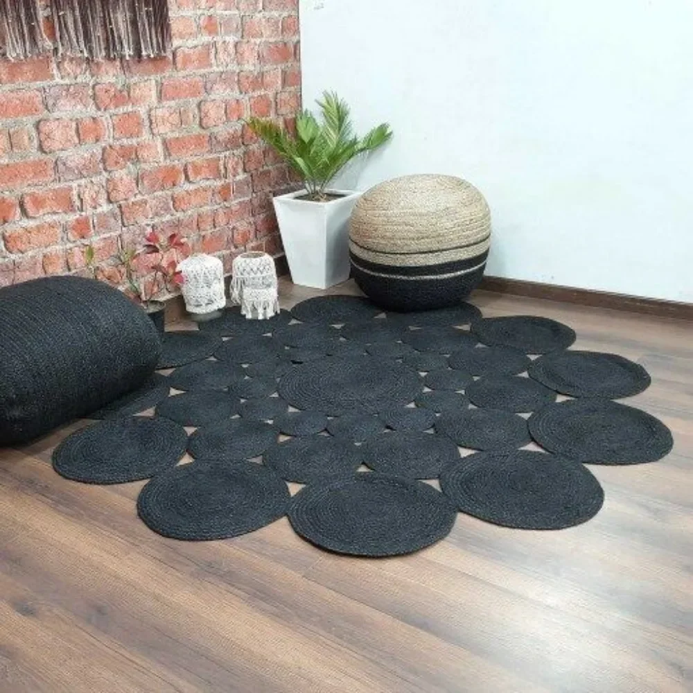 

Natural Jute Rug Hand Woven Black Carpet for Living Room Braided Hallway Floor Mat Reversible Rustic Bedroom Area Rug Home Decor