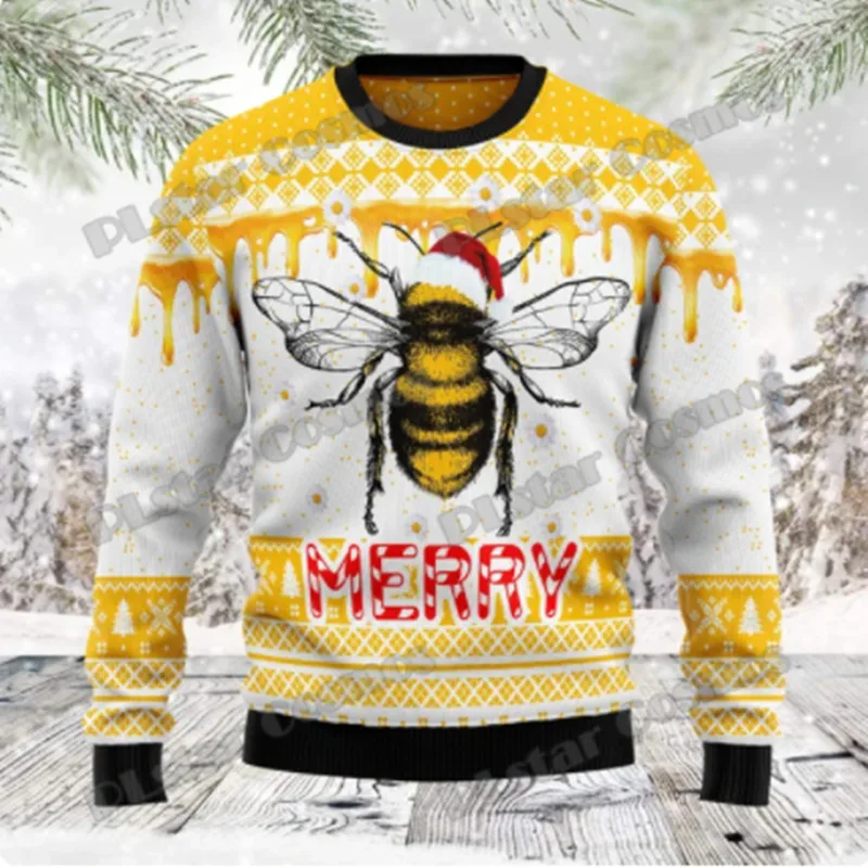 thumbnail image 1 of Suéter de moda de invierno para hombre, suéter navideño feo con estampado 3D de abejas alegres, jersey de punto cálido informal neutro M1007, 1 of 5