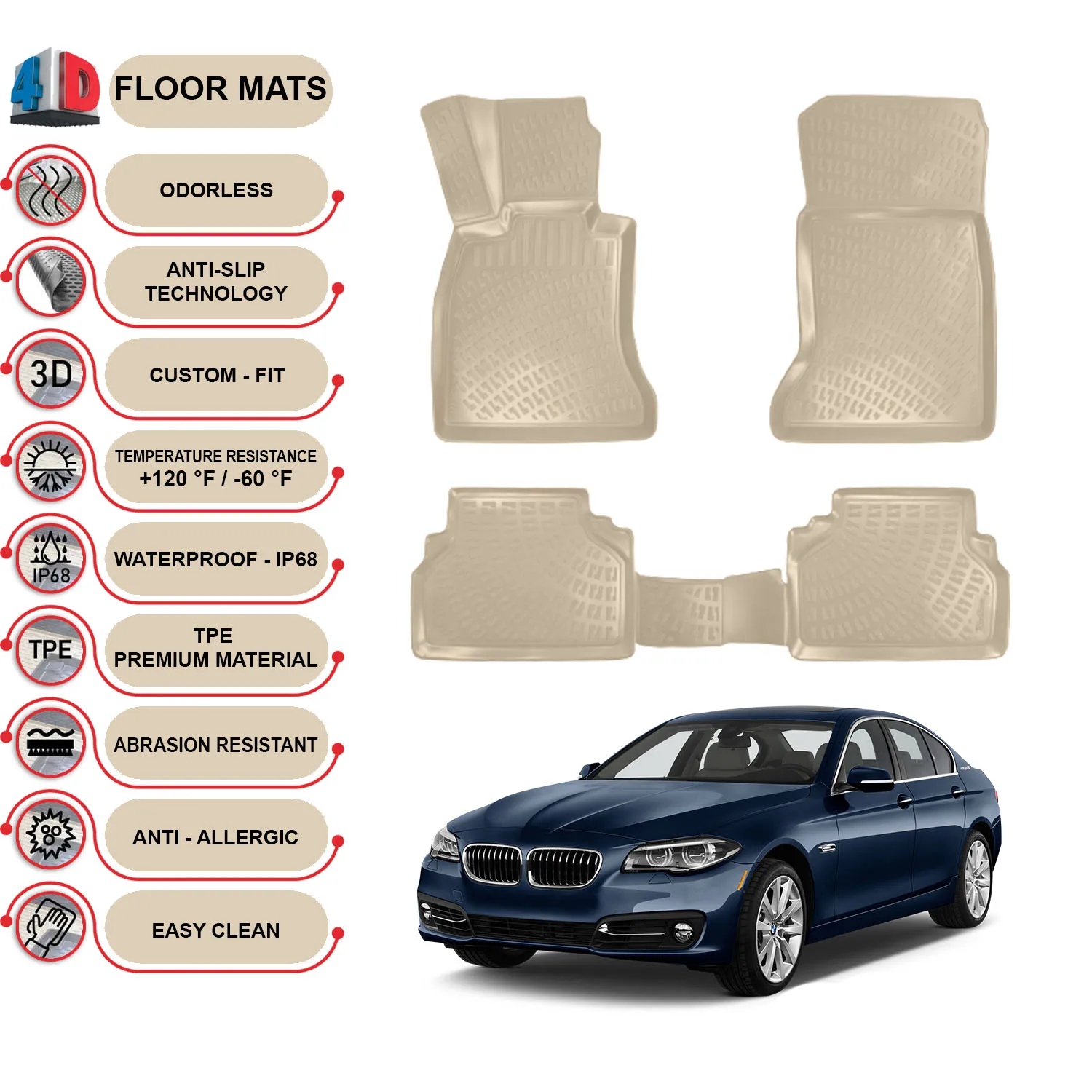 

BMW 5F10- (2013-2016) Floor Mats Liner Waterproof 3D - (Beige)