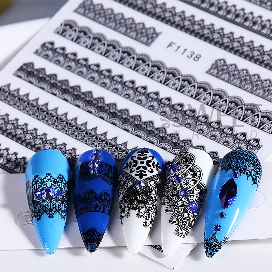 6pcs Black Lace Nail Sticker Elegant Fashion Geometric Lace Ribbon Petals Bohemian DIY Manicure Decals Sliders Nail Decoration