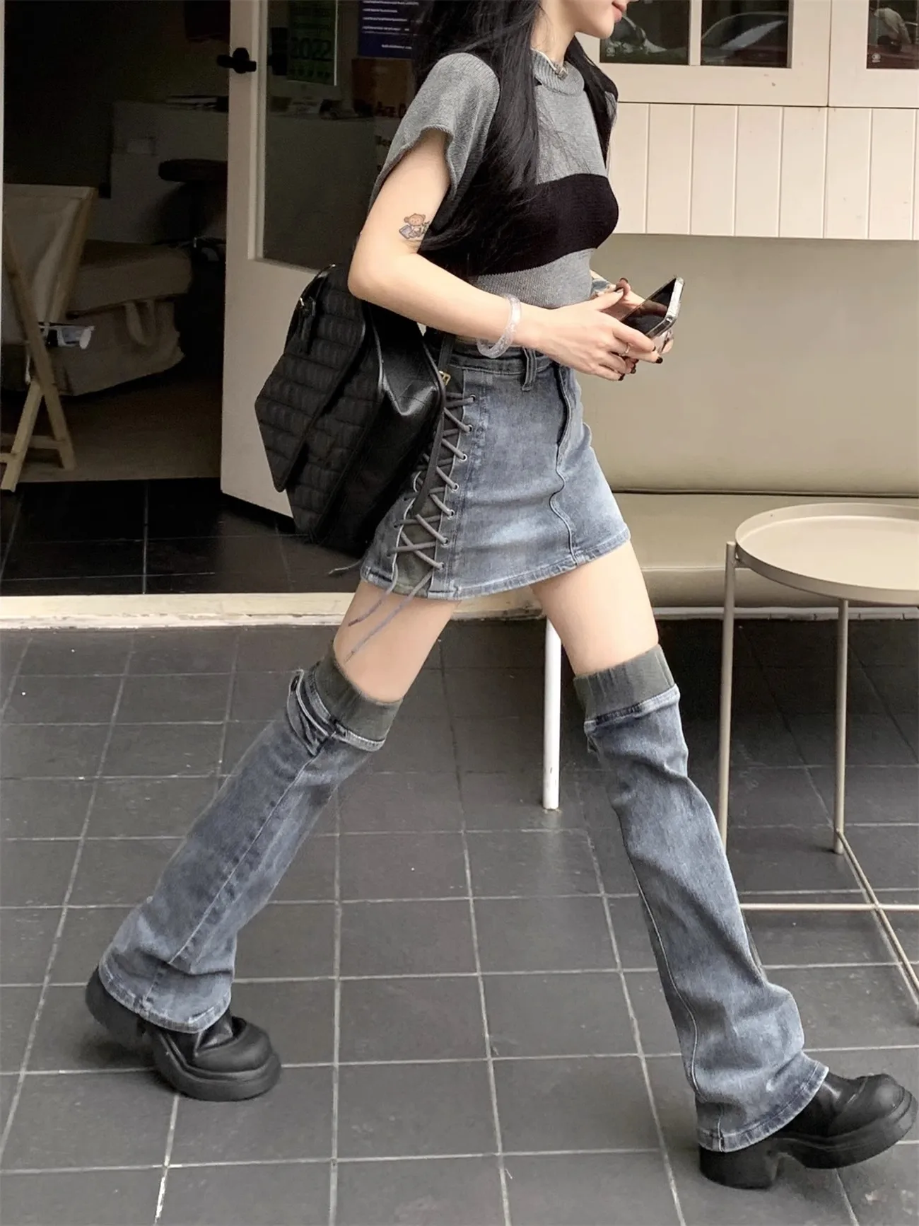 

Retro Y2K Denim Drawstring Skirts Women Sexy Mini Skirt with Trouser Legs 2023 Fall New Streetwear Skirt