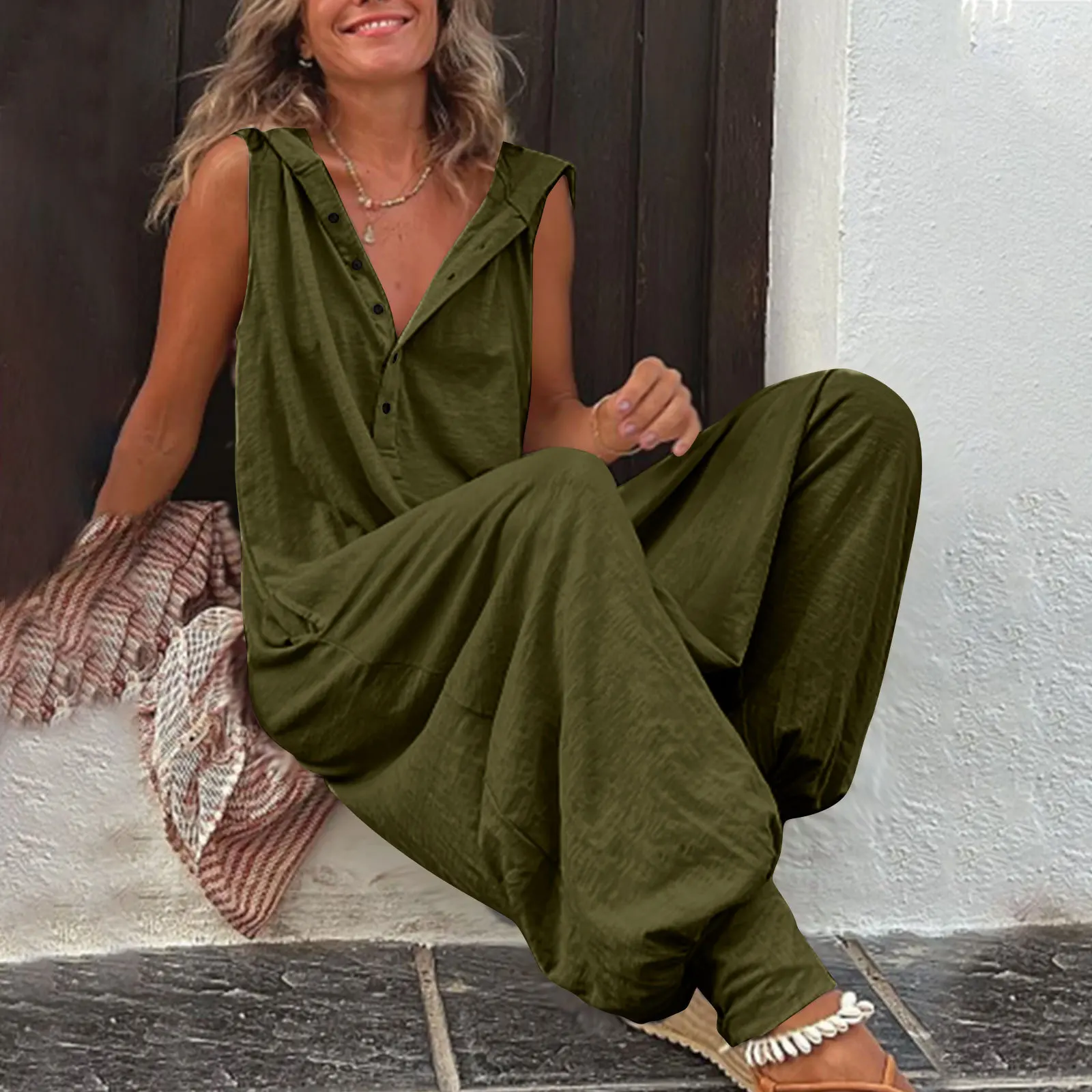 Ladies Bib Pants Trousers Loose Casual Female Women Hooded Sleeveless One-Piece Wide-Leg Rompers Overalls Jumpsuits Streetwear 2