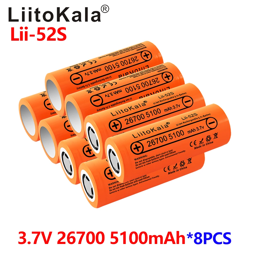 

8pcs LiitoKala Lii-52S 3.7V 26700 5200mAh Li-ion Rechargeable Battery For LED Flashlight Torch Li-ion Battery pack