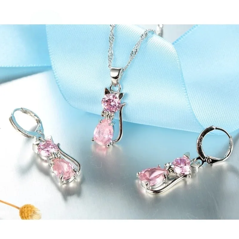 Schöne kleine Katze Design Kubikzircon Anhänger Halskette Ohrringe Set für Frauen 925 Sterling Silber Schmuck Sets Party Schmuck Geschenk – Detail 11