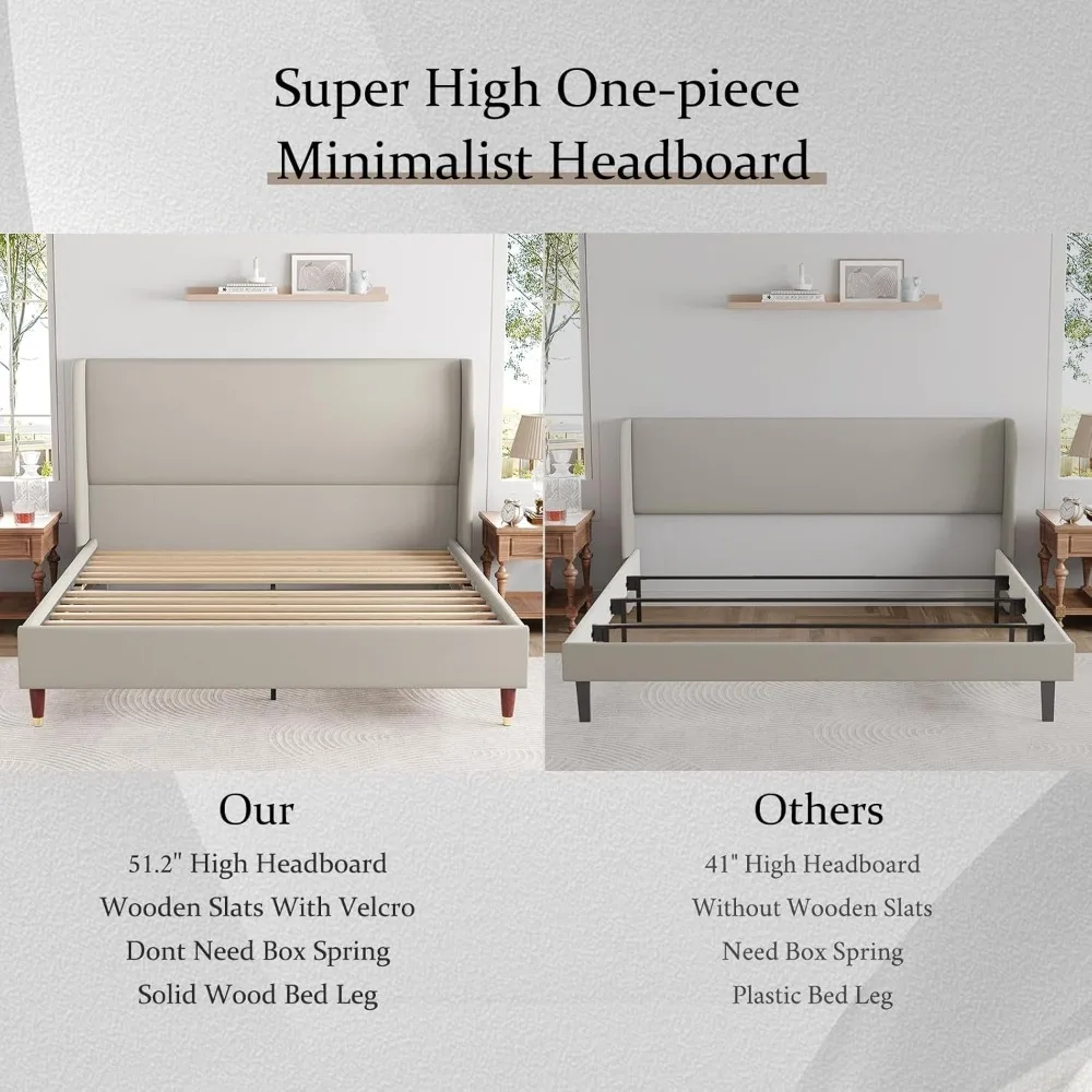 Queen Bed Frame Upholstered Beds 51.2" High Platform Beds with Wingback Headboard/No Box Spring Needed, Queen Bed Frame 5