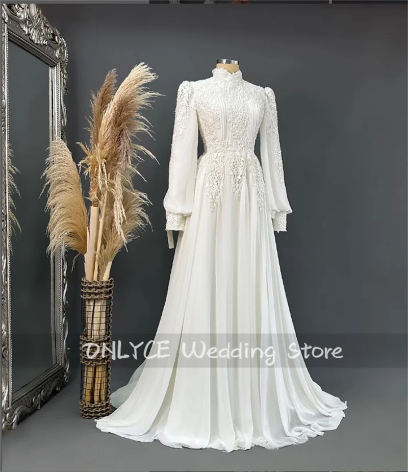 

Graceful Lantern Sleeves Muslim Wedding Dresses High Neck Lace Appliques Bridal Gowns Pleats Vestido De Novia Custom-Made