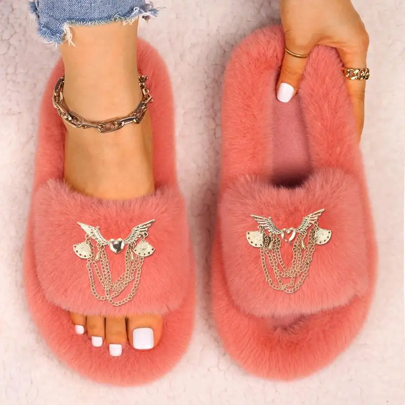Fashion Faux Fur Warm Shoes Fly Heart Chain Tassel Design Winter Women Furry Slippers Flats Female Plush Indoor Home Slides