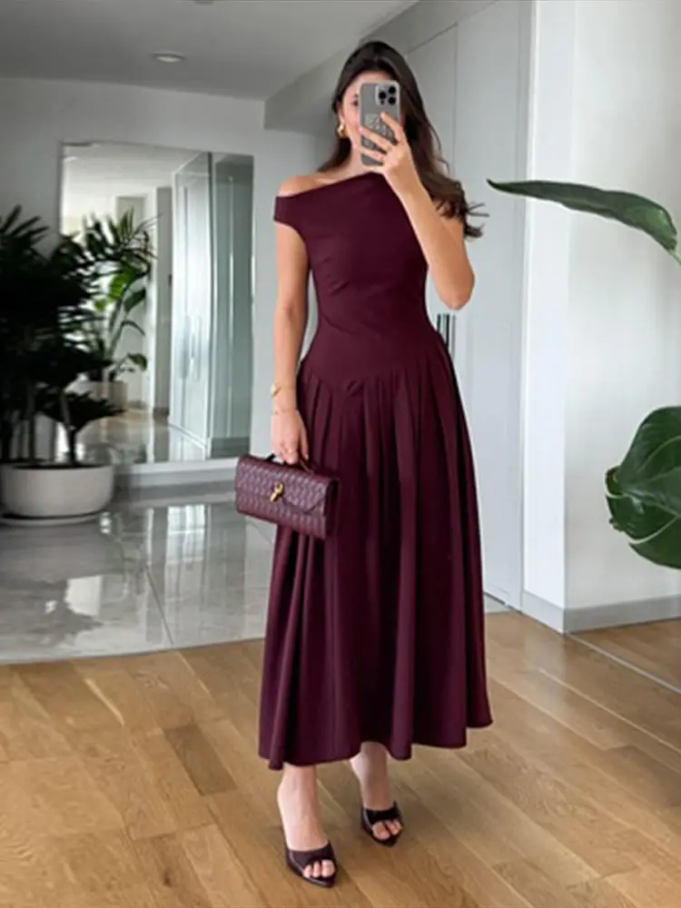 Women Elegant Wine Red Irregular Neck Slim Dress Fashion