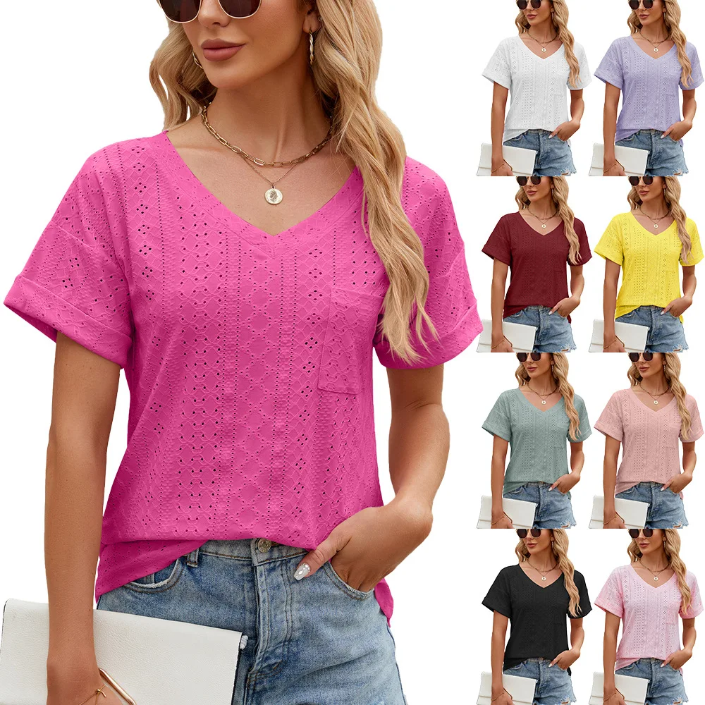 

Spring and Summer Casual Women's Solid Color V-neck Loose Short Sleeved T-shirt