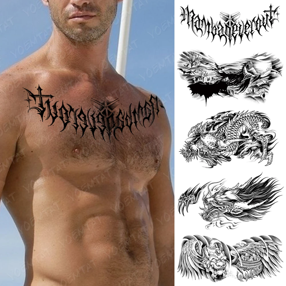 

Large Chest Waist Back Waterproof Temporary Tattoo Sticker Black Gothic Font Fake Tatoo Underboob Body Art For Men Women