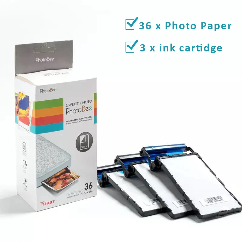 PhotoBee 포토 프린터용 잉크 카트리지, 무잉크 인쇄, 안드로이드 IOS 프린터, 인화지 36 매, 3 개