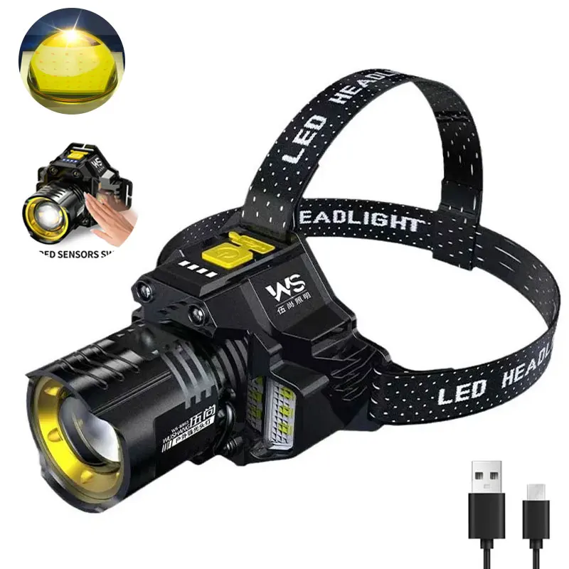 Lampe frontale pêche 300LM à induction - 5 modes éclairage - Zoom télescopique - Lumières latérales rouge et bleue