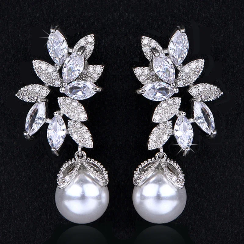 Sterling Pearl Cubic Zirconia CZ Drop Earrings for Women Anniversary Birthday Gift dangle earrings pearl earrings drop earrings