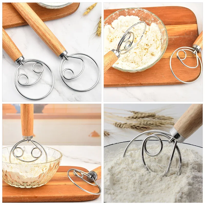 Dough Whisk Danish Stainless Steel Dutch Style Bread Dough Hand Mixer Wooden Handle Kitchen Baking Tools Pastry Blender