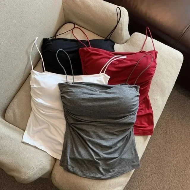 Camisole sexy sans couture pour femmes, sous-vêtements en Y, bretelles fines, dos glacé, confort, bralette rembourrée, plis, débardeurs initiés, été 1