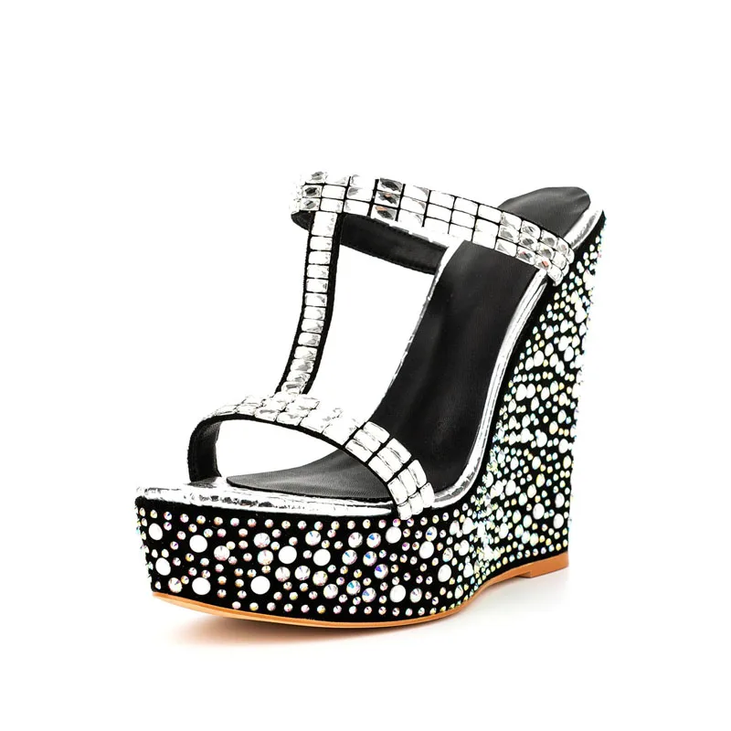 

Bling Silver Rhinestone T- Strap Wedge Sandals Female Platform Wedge Heels Slipper Summer Glitter Beach Vacation Shoes