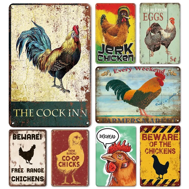 

Chicken Vintage Poster Metal Tin Signs Iron Plate Rooster Hen Fresh Eggs Retro Decorative Plaque Farm Home Garden Wall Decor