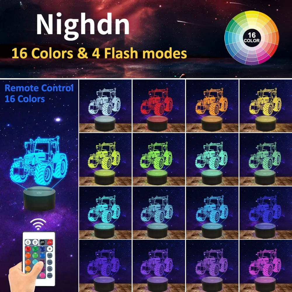 Nighdn 3D Illusion Lamp Tractor Night Light with Remote Control 16 Color Changing Bedside Lamp for Kids Tractor Gifts for Boys
