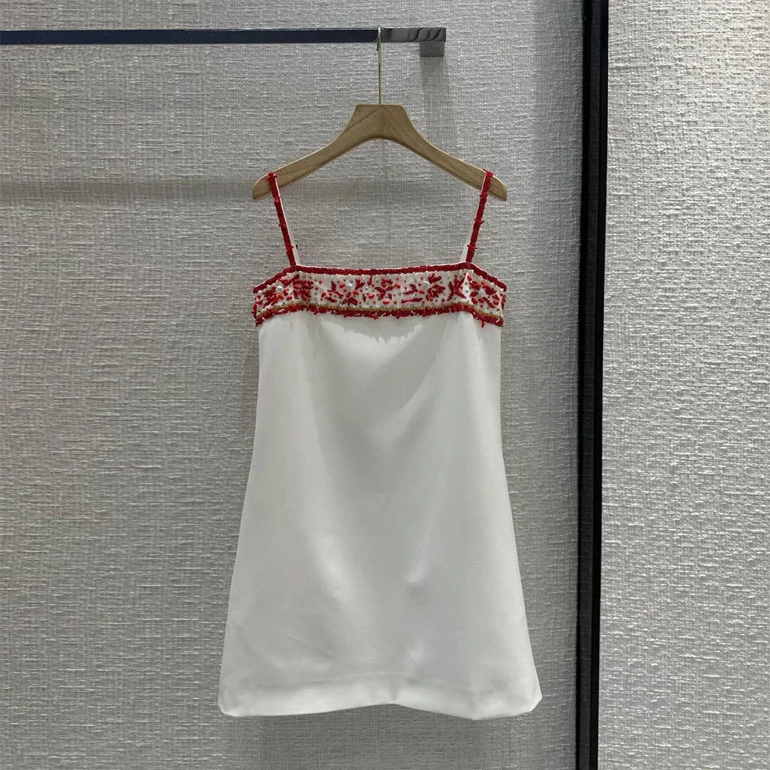 

Новинка 2024 г., модное роскошное Сексуальное Женское Платье-майка с бусинами и тяжелым жемчугом, женские летние белые мини-платья в стиле бохо без рукавов и с воротником-лодочкой