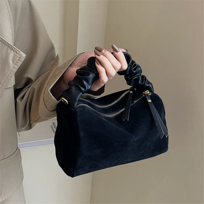 Vintage Handbag with Ruched Handle Faux Suede Chic Crossbody Bags, Retro Minimalist Design, Perfect for Daily & Casual Outings