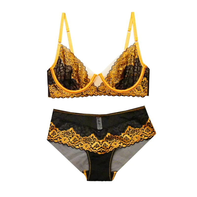 

New crystal cup ultra thin color lace bra soft steel support anti-sagging underwear women's bra set