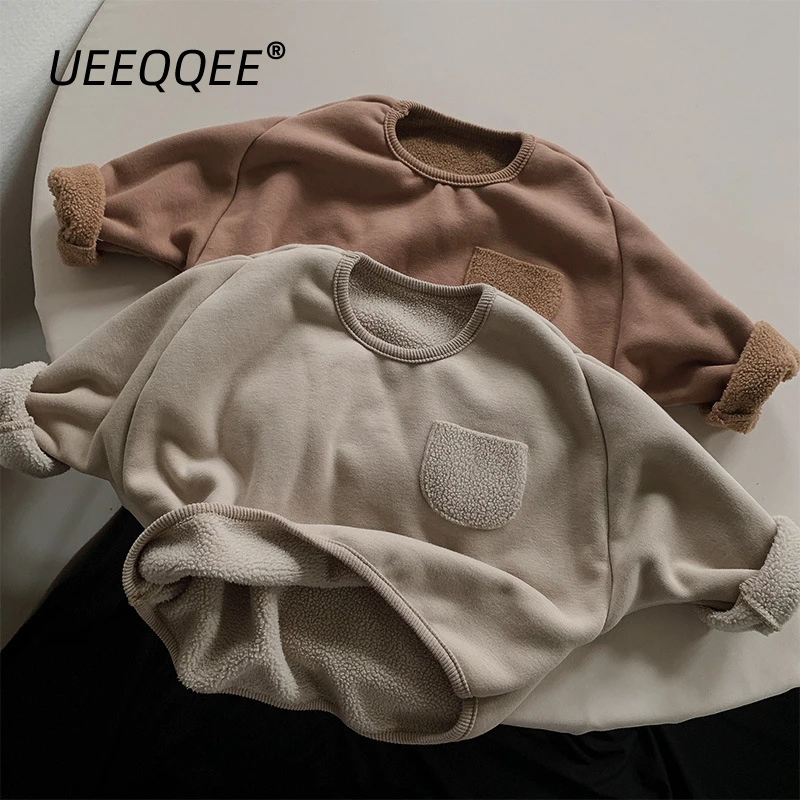 Autumn Winter Children Sweatshirts 1-8Y Boys Girls Warm Fleece Thick Pocket Pullover Korean Toddler Wear Kids Clothing