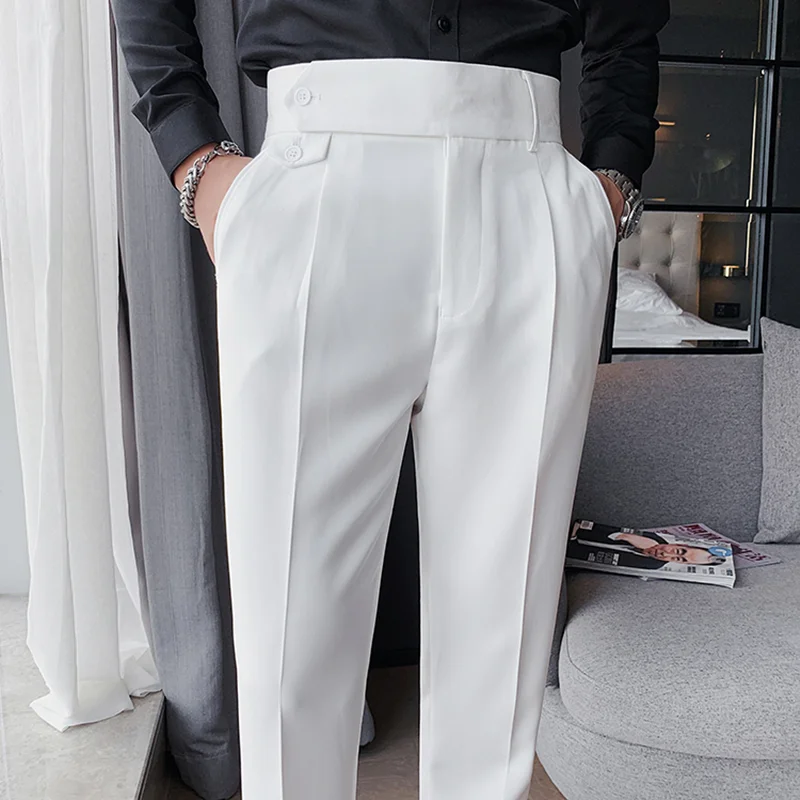

British Style Men Business Casual Solid Color Trousers Male High Waist Straight Dress Pants High Quality Men Slim Fit Suit Pant