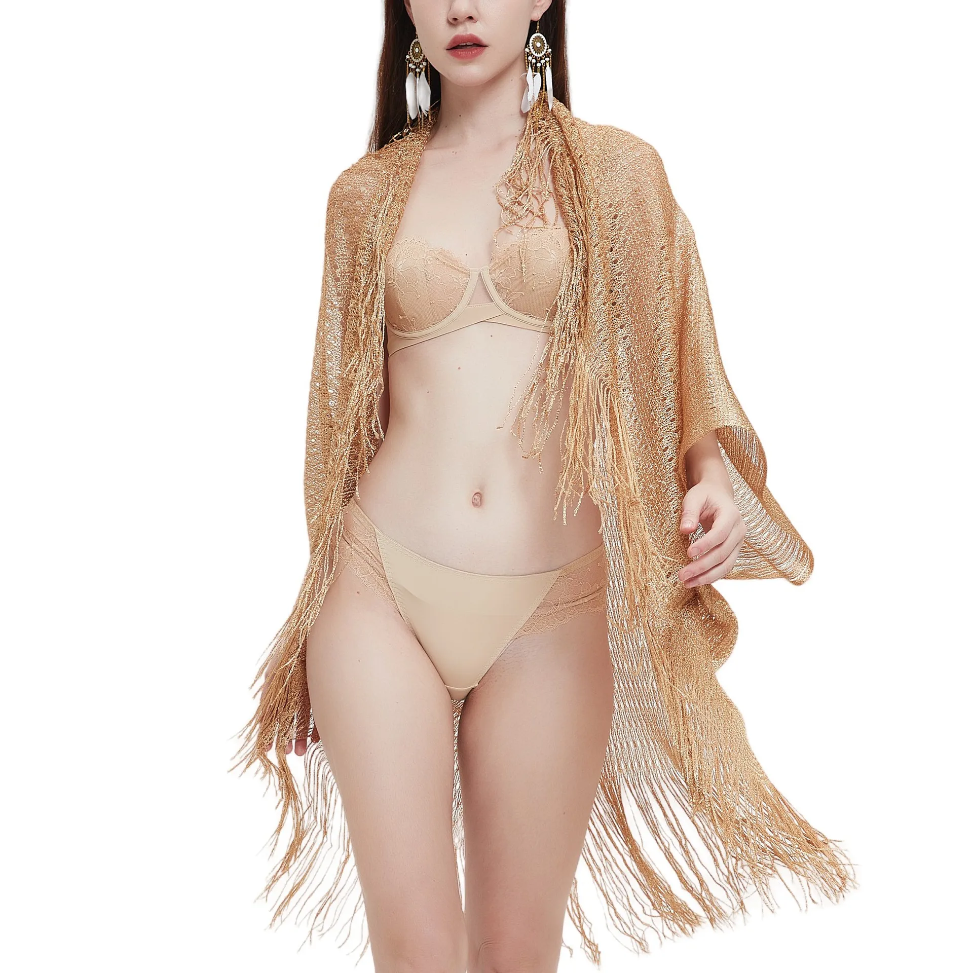 

2024 New Fashion Luxury Sunscreen Cape for Women with Gold Hollow Thin Cuffs and Tassel Shawl Ladies Summer Wraps Tippet Châle