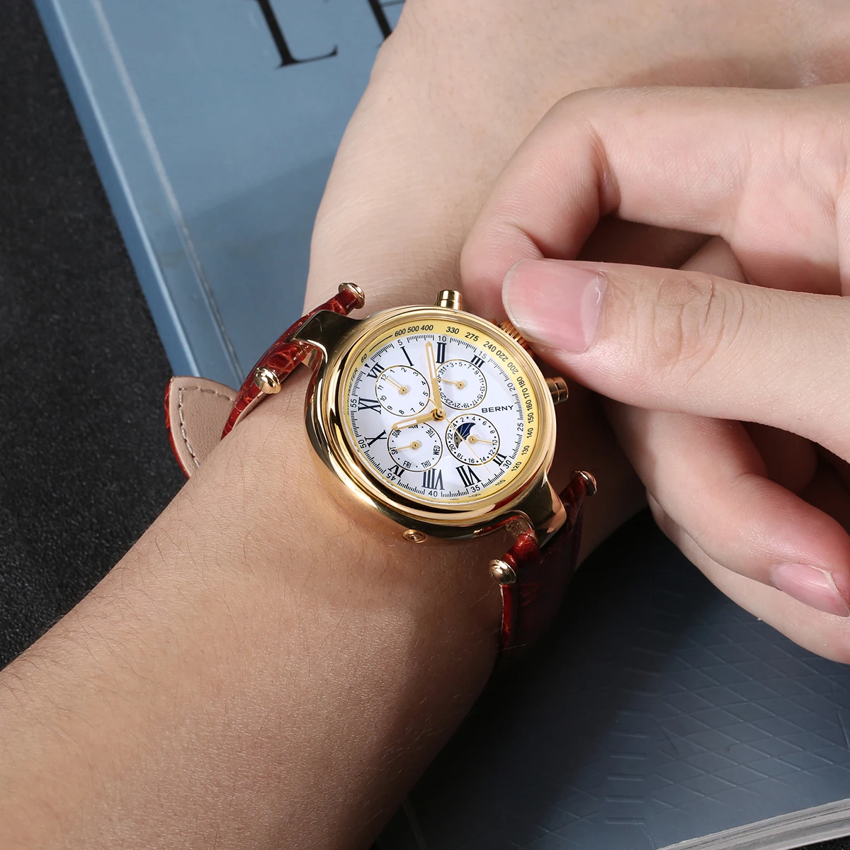 Mechanical Watch Berny Automatic Retro Men Sun&Moon Phase Luxury Luminous Seagull ST1652