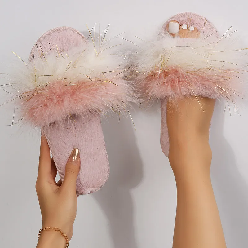 

COOTELILI 2023 Winter Women Slippers Female Faux Fur Bedroom Warm Shoes Woman Flats Furry Colourful Slip on Size 36-41