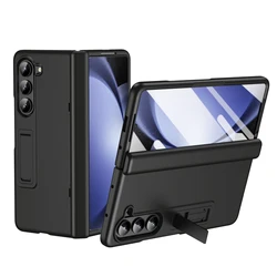 Luxury Ultra-Thin Skin Feel Case with Bracket & Tempered Film Cover Accessory for Galaxy Z Fold 5 (Black)